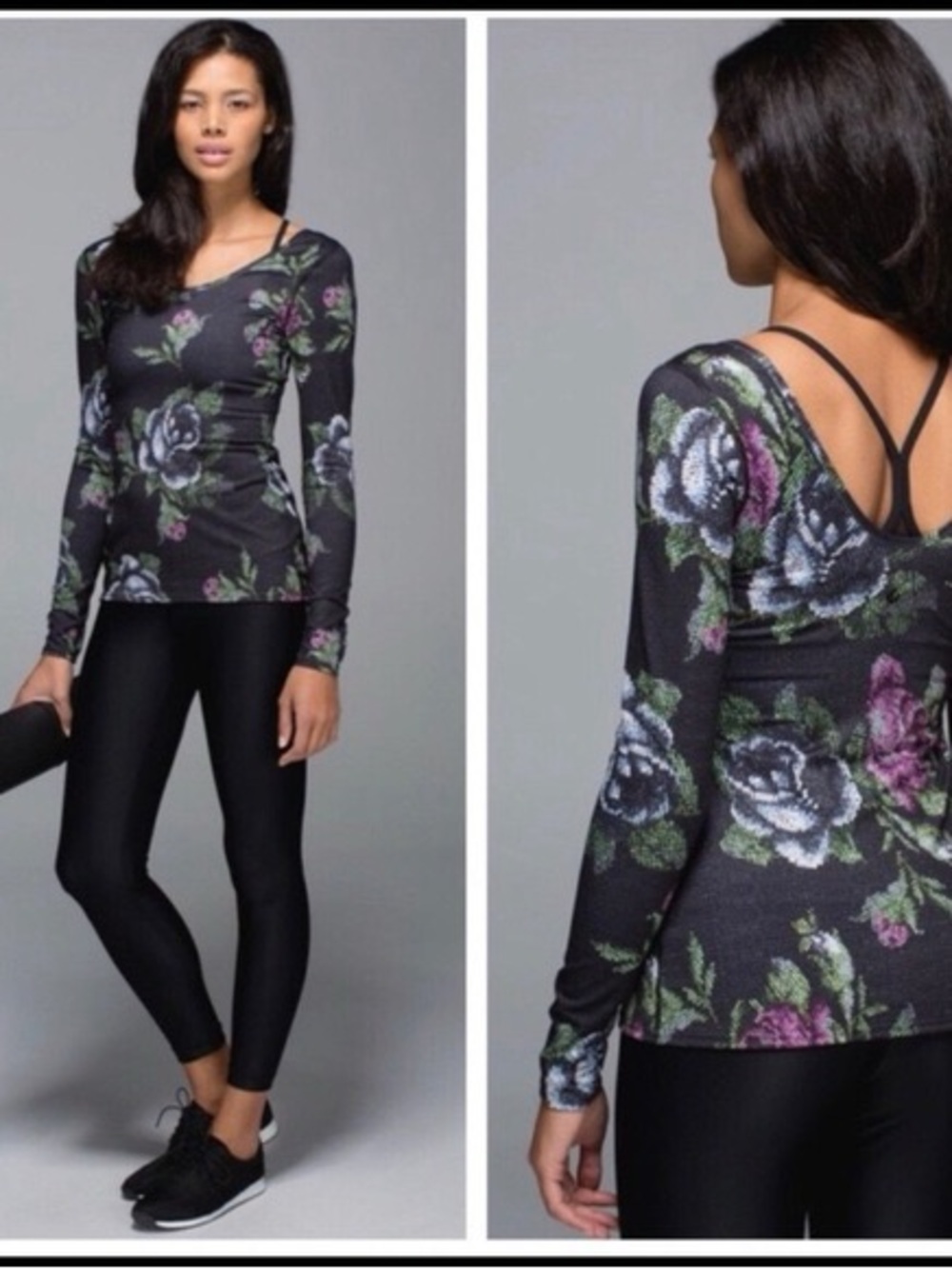 LULULEMON Floral Long Sleeve Scoop-Back Top in Black